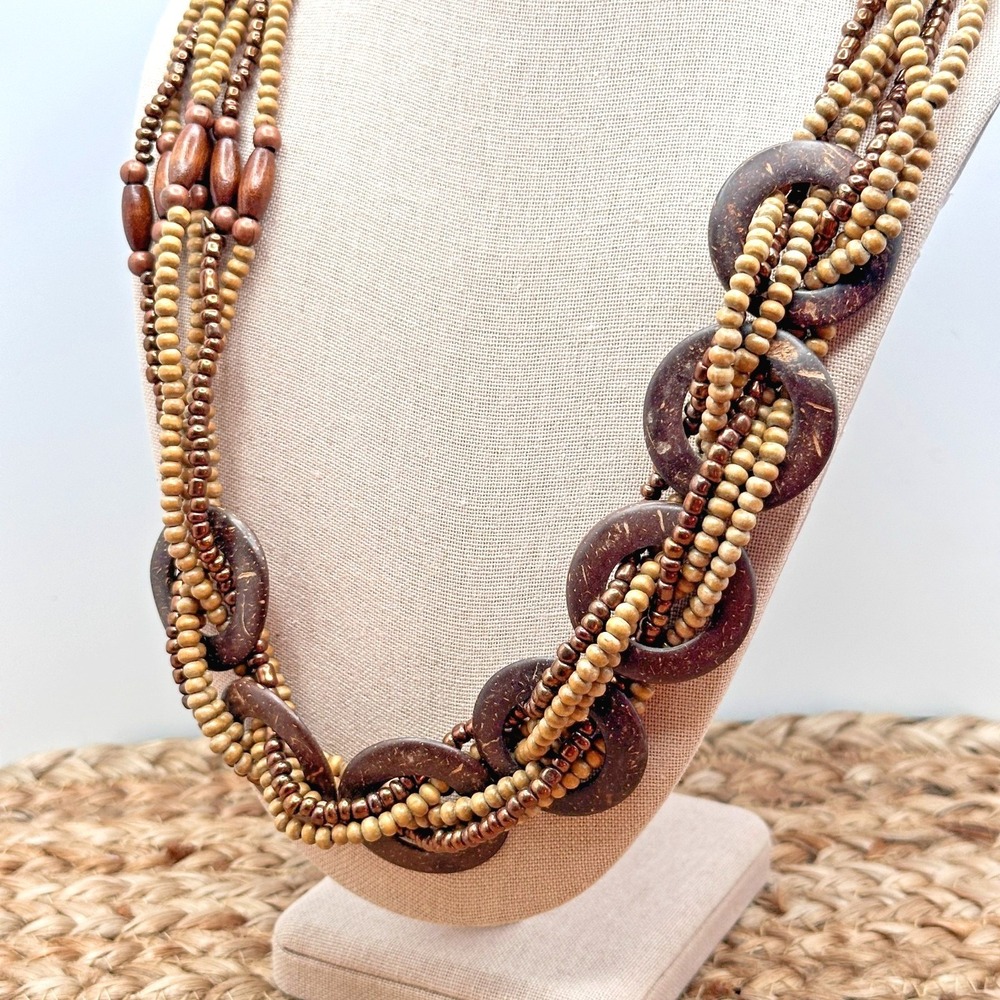 Vintage 15" Artisan Dering Multi Strand Wood Bead Necklace Boho Tribal Festival
